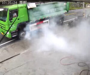 Massive Blast As Huge Lorry Tyre Explodes Injuring One