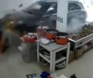 Electric Car Smashes Into Restaurant