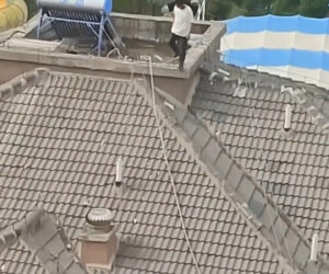 Man Saunters Down Sloped Roof Of Tower Block With No Safety Equipment