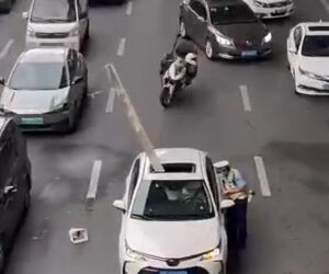 Driver Nearly Impaled When Giant Drainpipe Smashes Through His Car Just Inches From Him