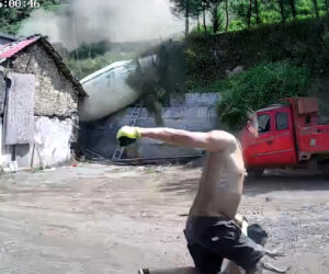 Frightened People Run As Large Concrete Mixer Rolls Down Hill And Destroys Home