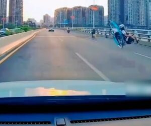 Motorised Paraglider Narrowly Avoids Cars Before Hitting Side Of Bridge