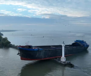 Large Cargo Ship Gets Stranded On Trestle