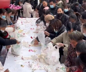 Store Customers Stuff 30-Ft-Long Free Birthday Cake Into Plastic Bags In Just Minutes