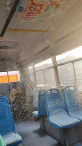 Read more about the article Bus Passengers Covered In Snow Falling Through Broken Roof